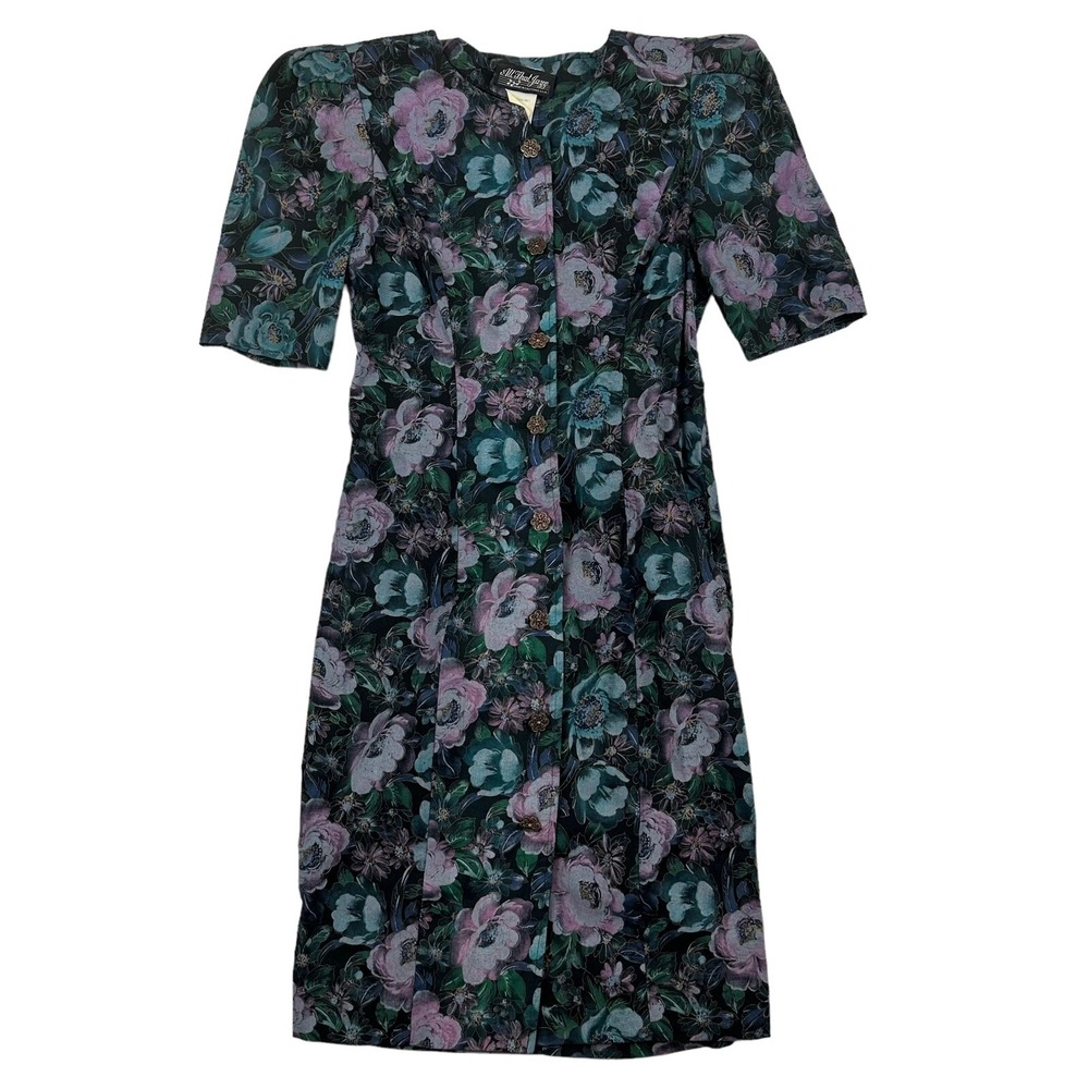 VTG All That Jazz Sz 9/10 Multicolor Floral A-Line Dress Half Sleeve Buttons
